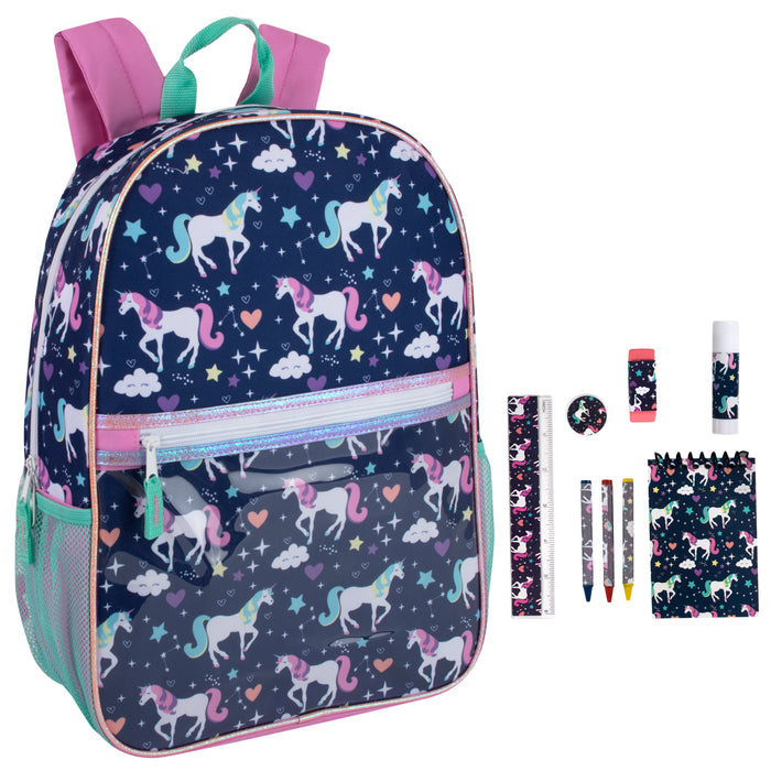 43cm Printed Backpack with 8 Piece School Supply Kit 20L Capacity - Unicorn Themed