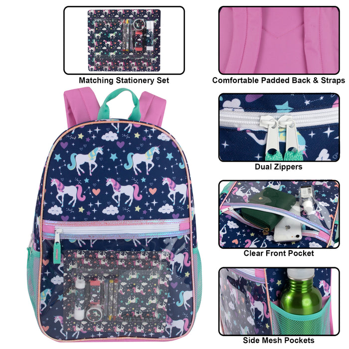 43cm Printed Backpack with 8 Piece School Supply Kit 20L Capacity - Unicorn Themed