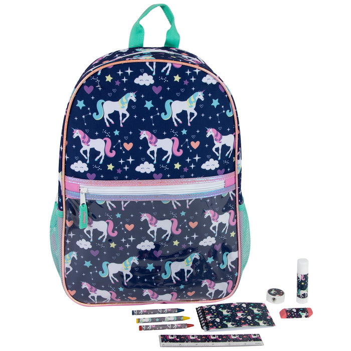 43cm Printed Backpack with 8 Piece School Supply Kit 20L Capacity - Unicorn Themed