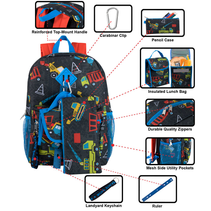 6-in-1  Backpack + Lunch Bag + Pencil Case Set - Construction Truck Print