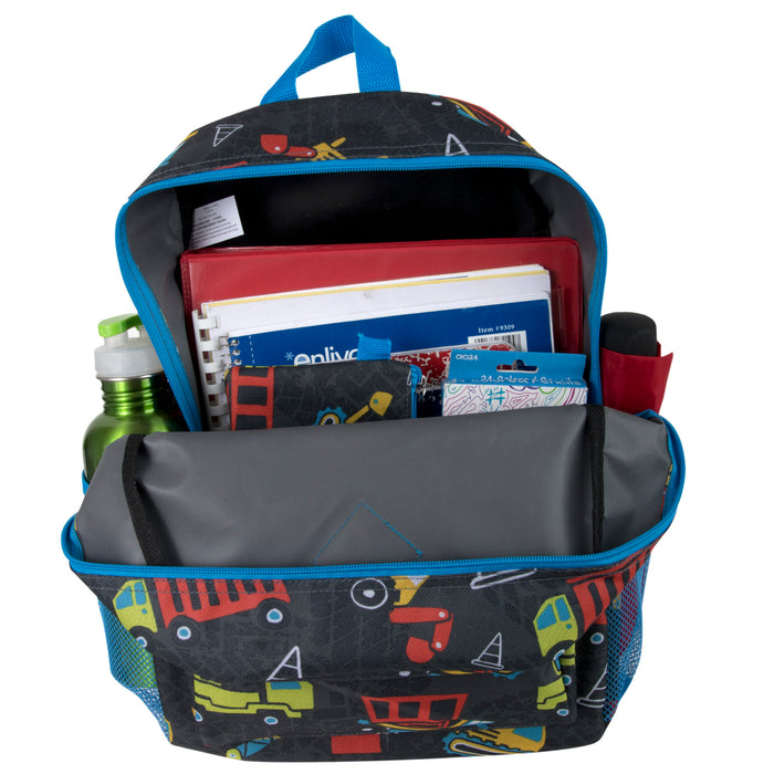 6-in-1  Backpack + Lunch Bag + Pencil Case Set - Construction Truck Print