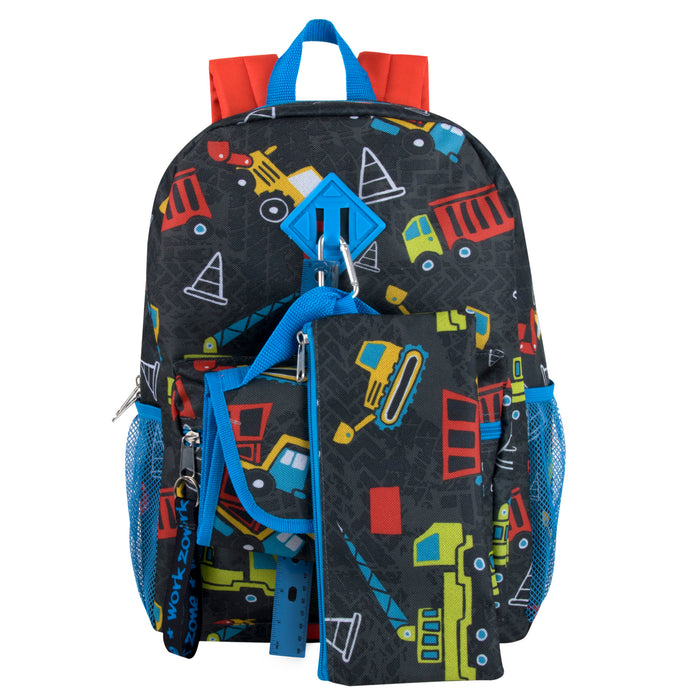 6-in-1  Backpack + Lunch Bag + Pencil Case Set - Construction Truck Print