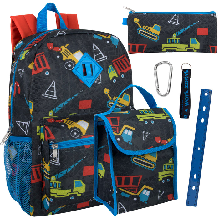 6-in-1  Backpack + Lunch Bag + Pencil Case Set - Construction Truck Print