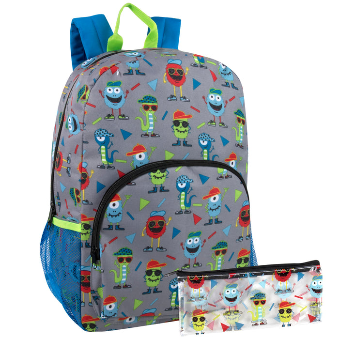 43cm Printed Backpack 20L Capacity with Pencil Case Set - Monsters Pattern