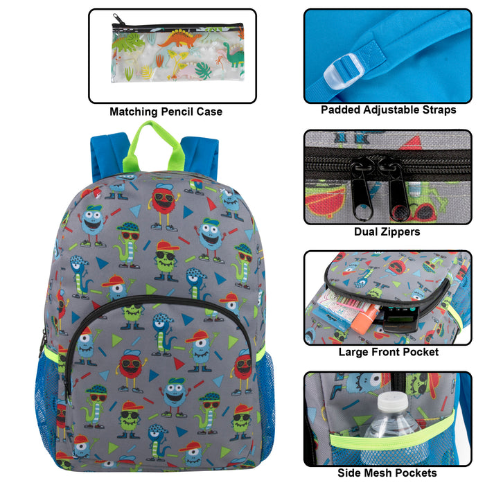 43cm Printed Backpack 20L Capacity with Pencil Case Set - Monsters Pattern