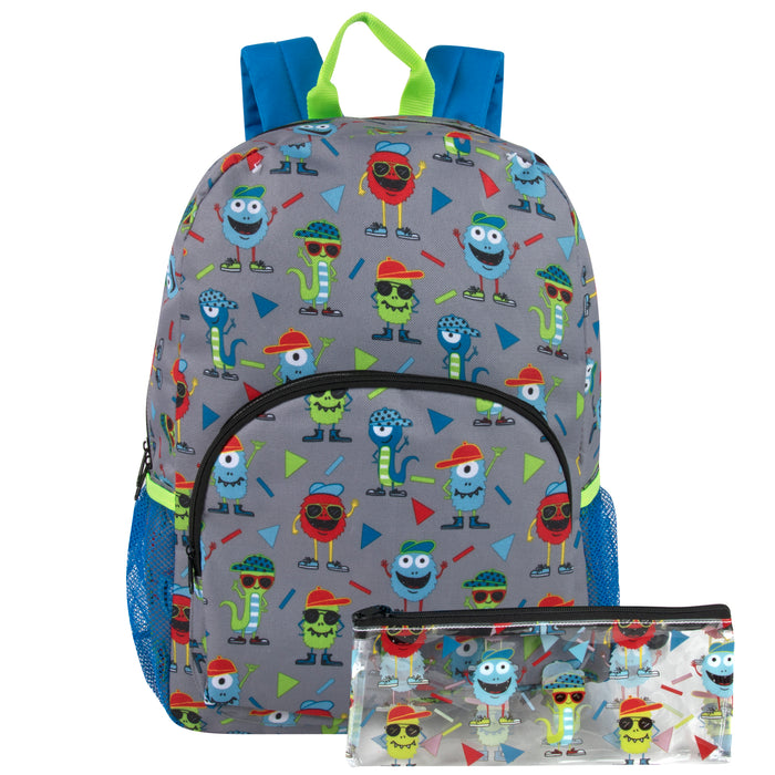 43cm Printed Backpack 20L Capacity with Pencil Case Set - Monsters Pattern