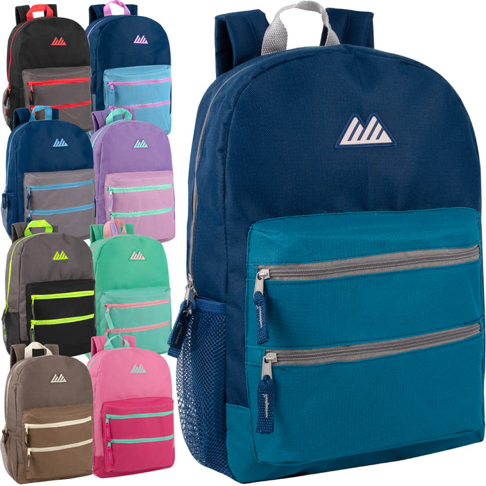43cm Double Front Zippered Pocket Backpack 20L Capacity - 9 Colors